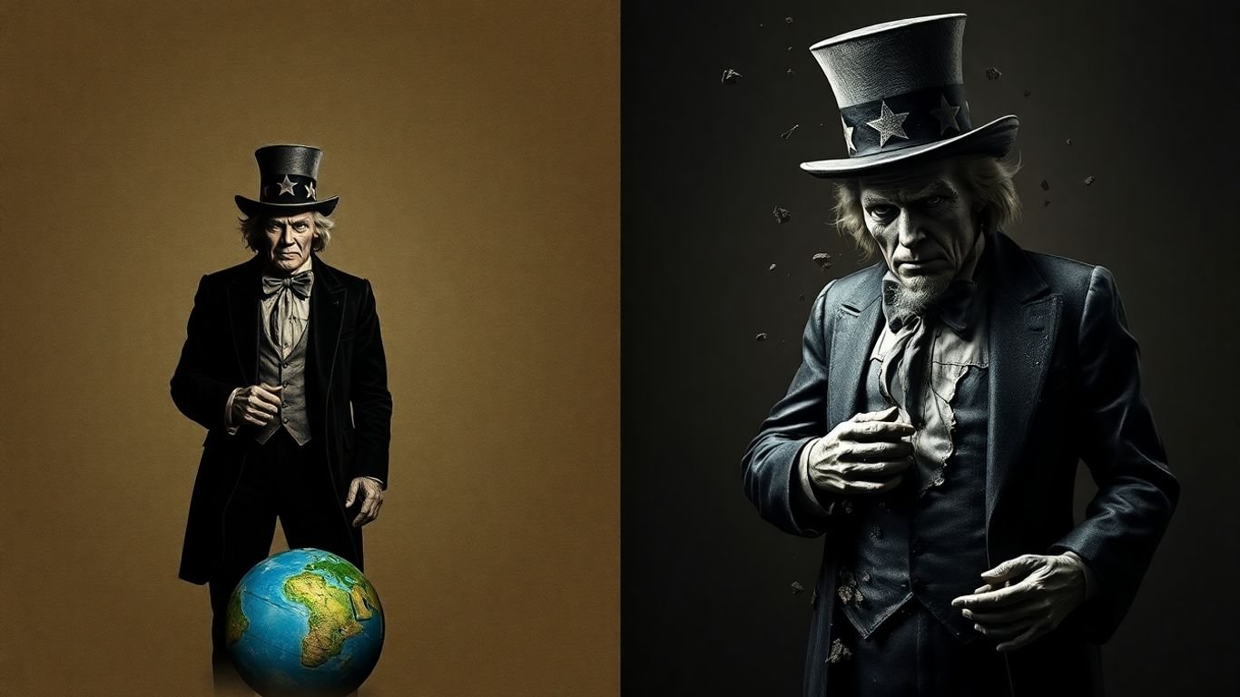 Uncle Sam figure casting shadow, then cracking and falling apart.