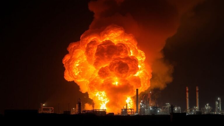 Fiery explosion at an oil refinery at night.