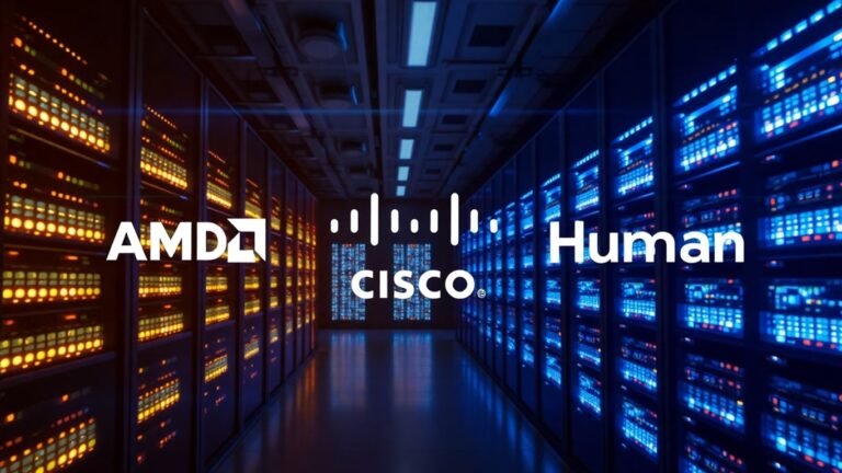 AMD, Cisco, and Humain logos in a data center.