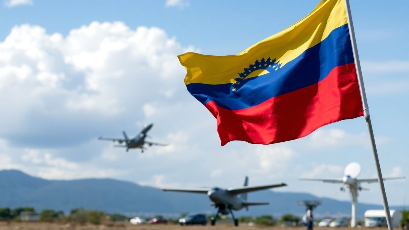 Venezuela flag with Russian, Chinese, and Iranian military hardware.