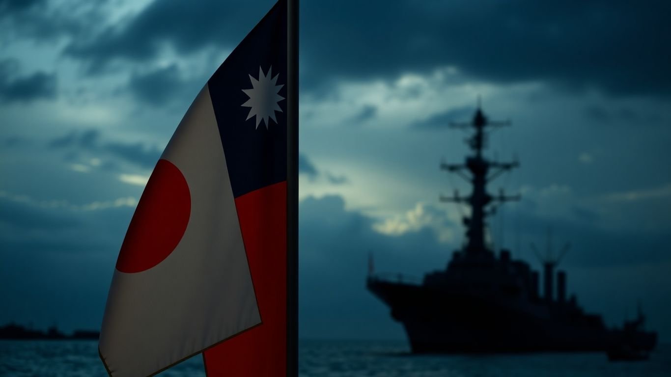 Japanese and Taiwanese flags with a military ship silhouette.