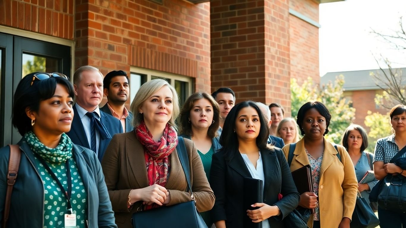 Teachers leaving a school building, looking concerned and resolute.