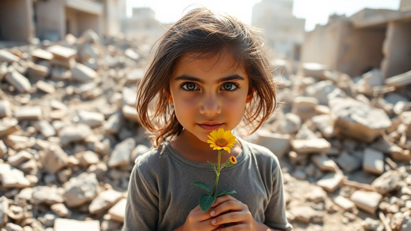 Gaza girl holding a flower amidst rubble.