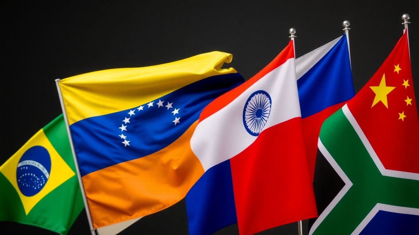 Venezuela joins BRICS flags waving together.