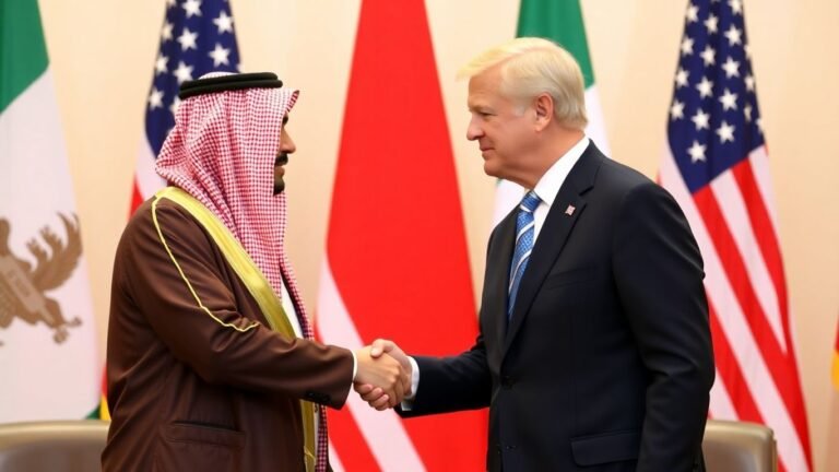 Leaders shaking hands, symbolizing US-Saudi agreement.