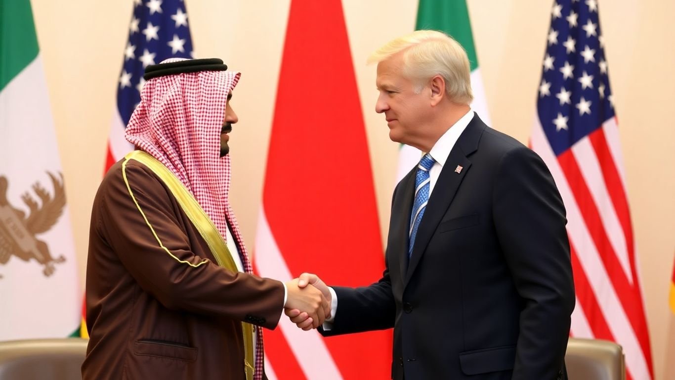 Leaders shaking hands, symbolizing US-Saudi agreement.