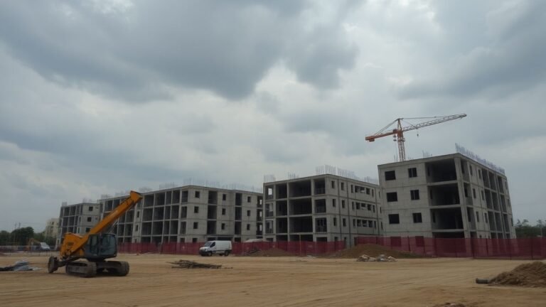 Empty construction site with idle equipment and no workers.