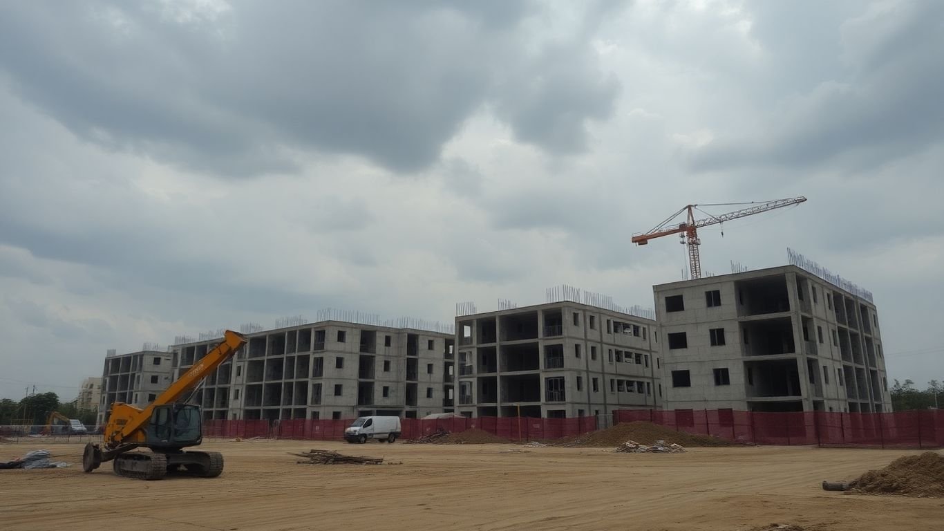Empty construction site with idle equipment and no workers.