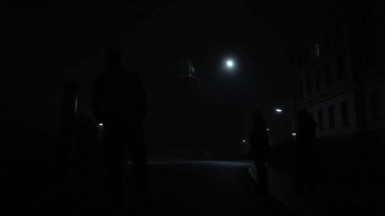 Berlin street at night with shadowy figures.