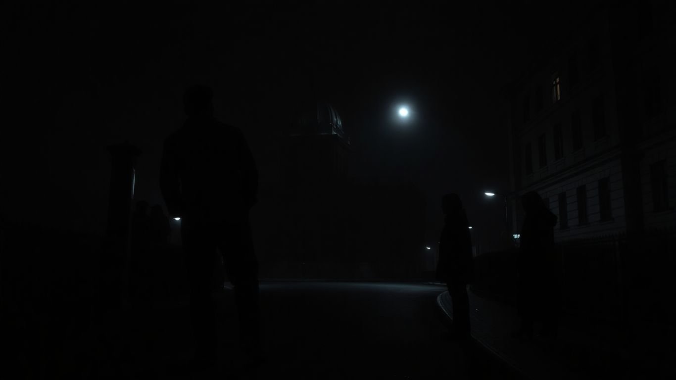 Berlin street at night with shadowy figures.