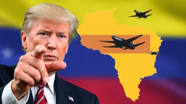 US official points at Venezuela map, military planes fly over.