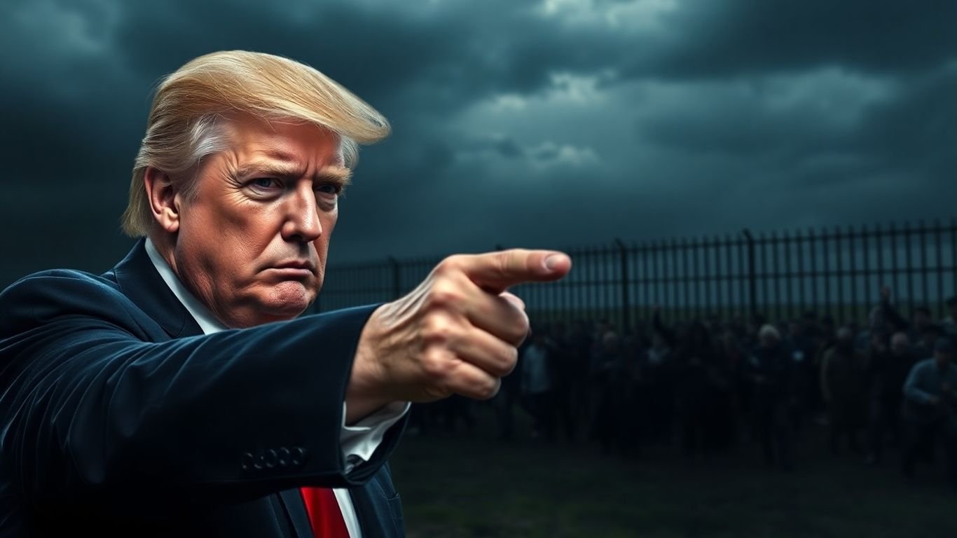 [Trump] points accusingly at a shadowy crowd at the border.