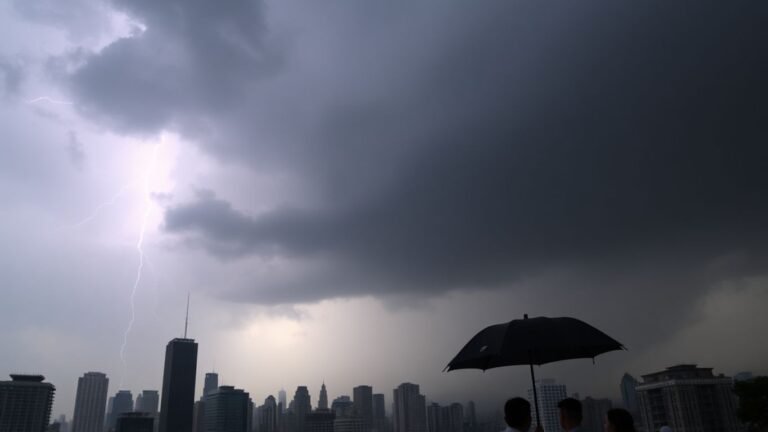 Stormy financial district with people under an umbrella.