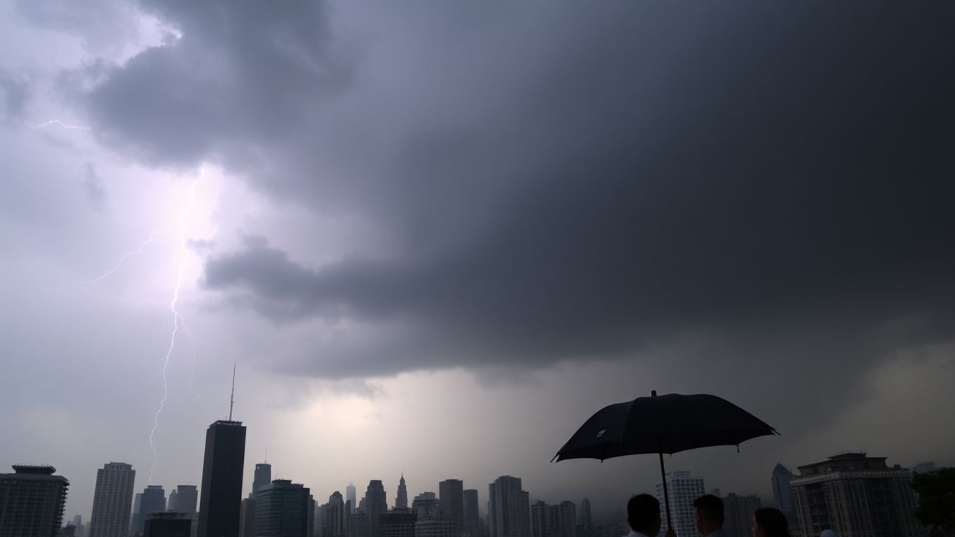 Stormy financial district with people under an umbrella.
