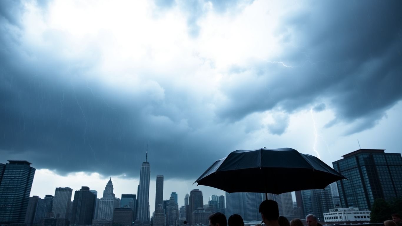 Stormy financial district with people under an umbrella.