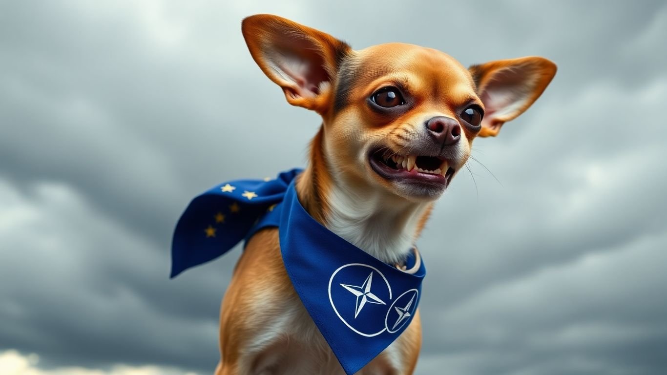 Chihuahua dog wearing EU and NATO symbols, looking aggressive.