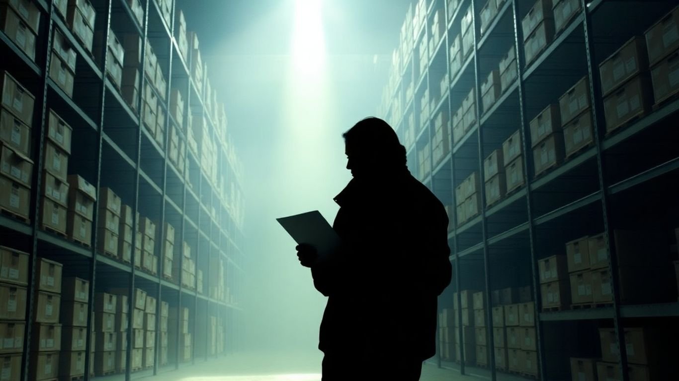 Warehouse with boxes and a shadowy figure.