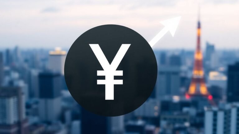 Japanese Yen symbol with upward arrow and Tokyo cityscape.