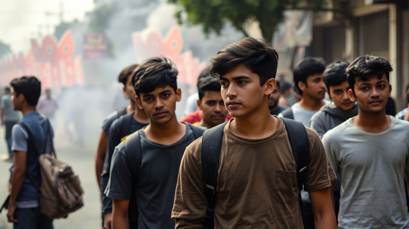 Teenagers in street during Ballymena riots, smoke in background.