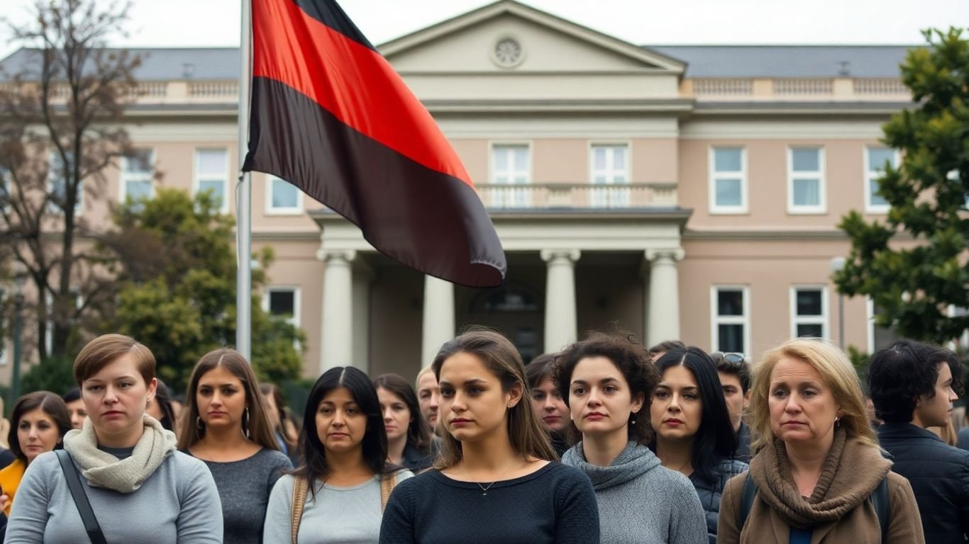 German flag and people outside government building.