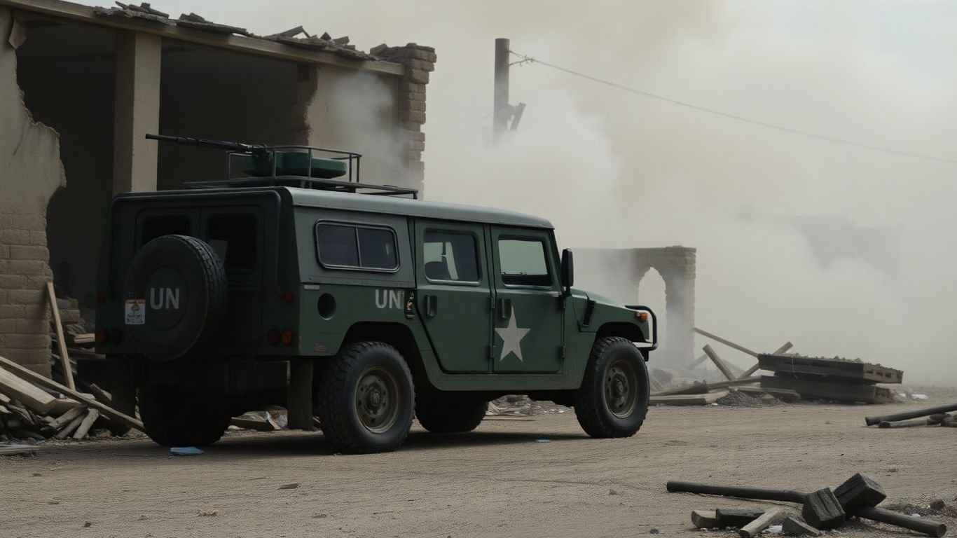 UN vehicle near damaged building with smoke in background.