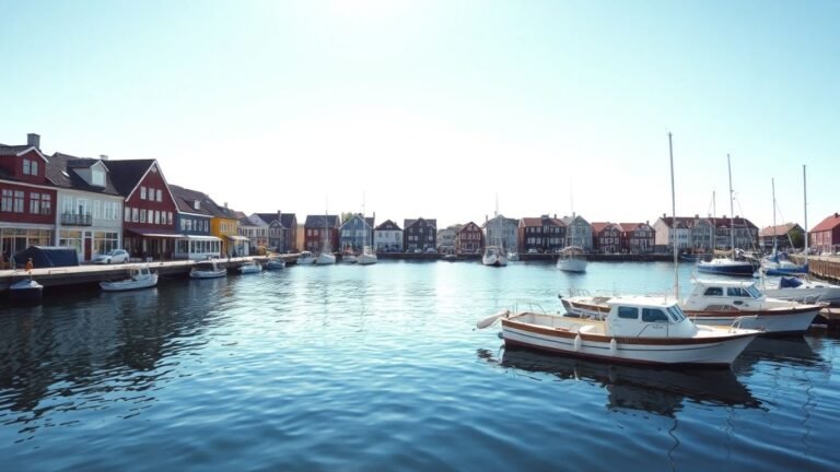 Empty harbor in a Finnish coastal town with colorful buildings.