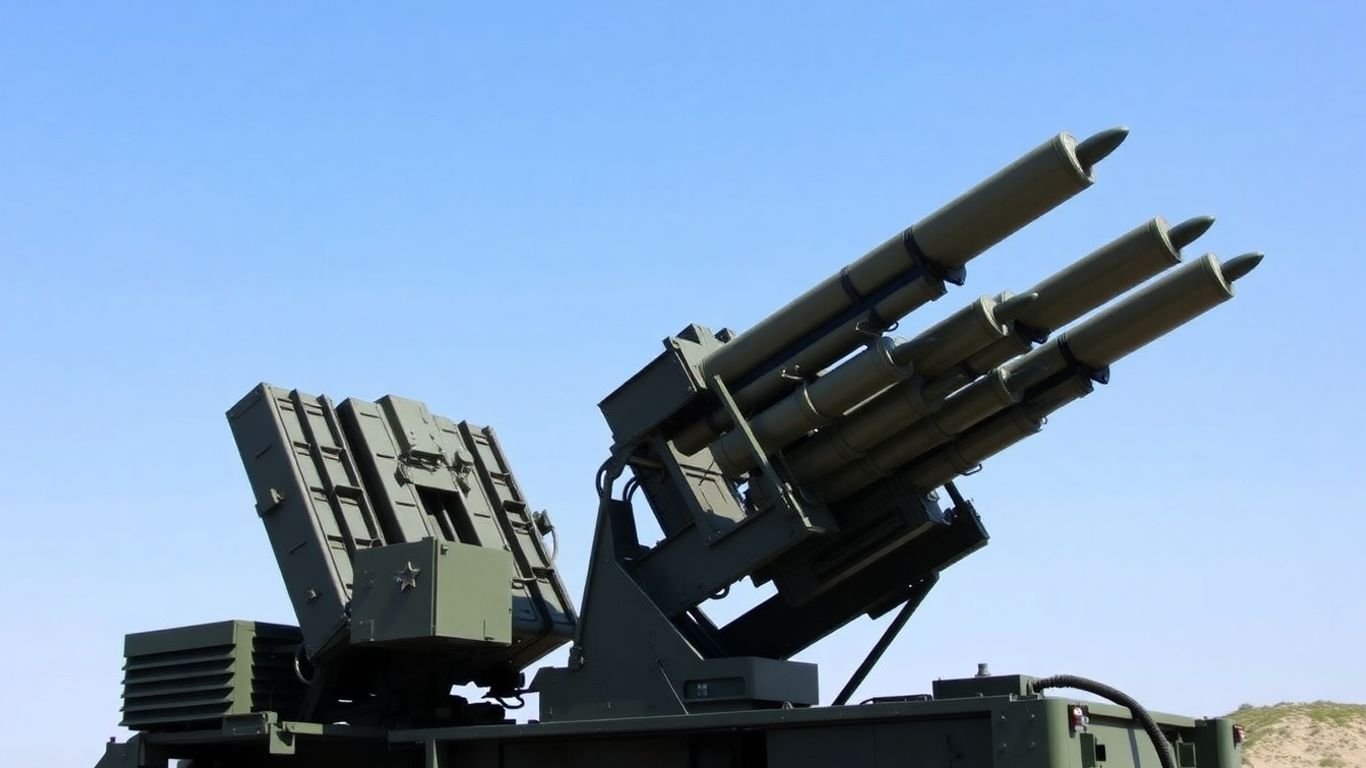 Patriot missile system launcher against a clear sky.
