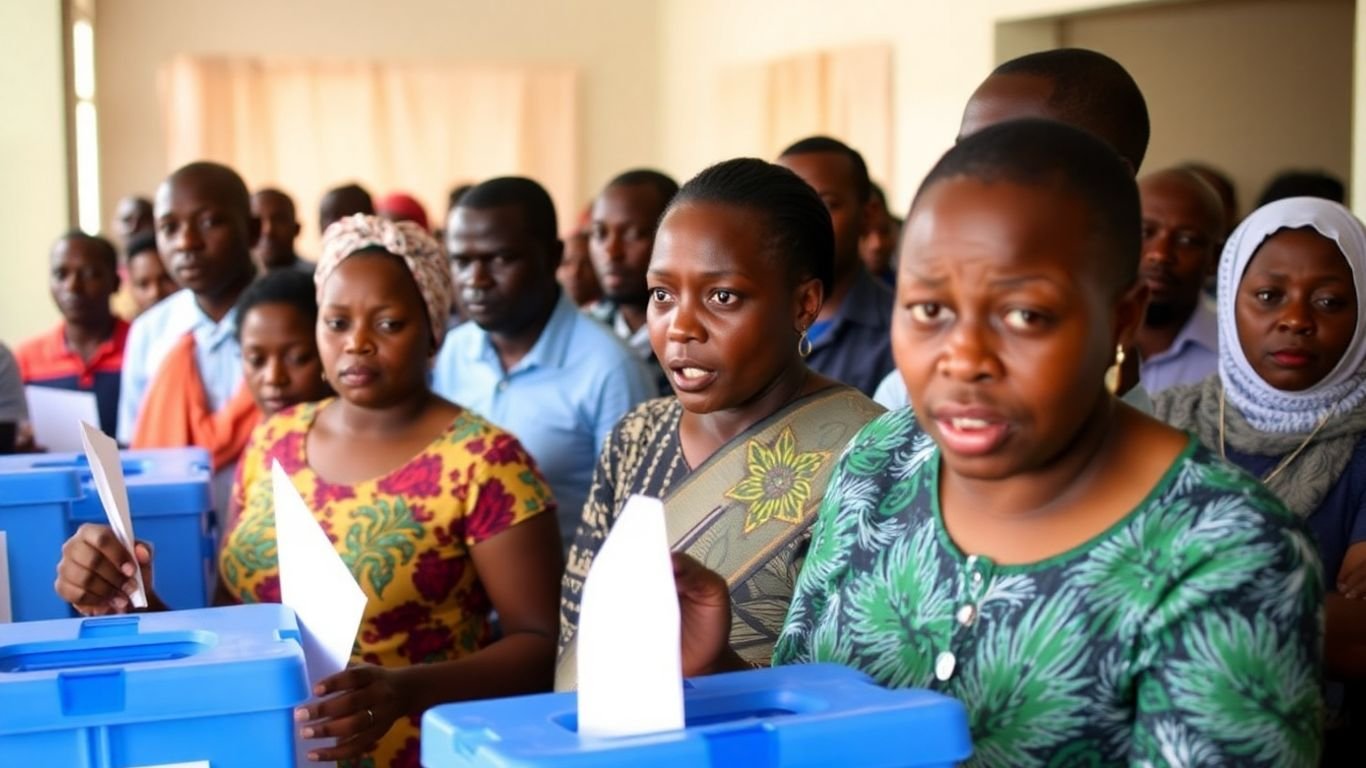 Tanzanian election with tense atmosphere and agitated voters.
