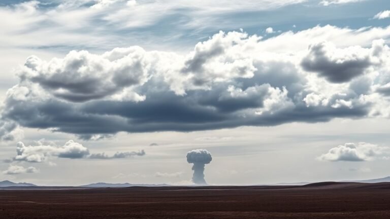 Nuclear mushroom cloud rising over a desolate landscape.
