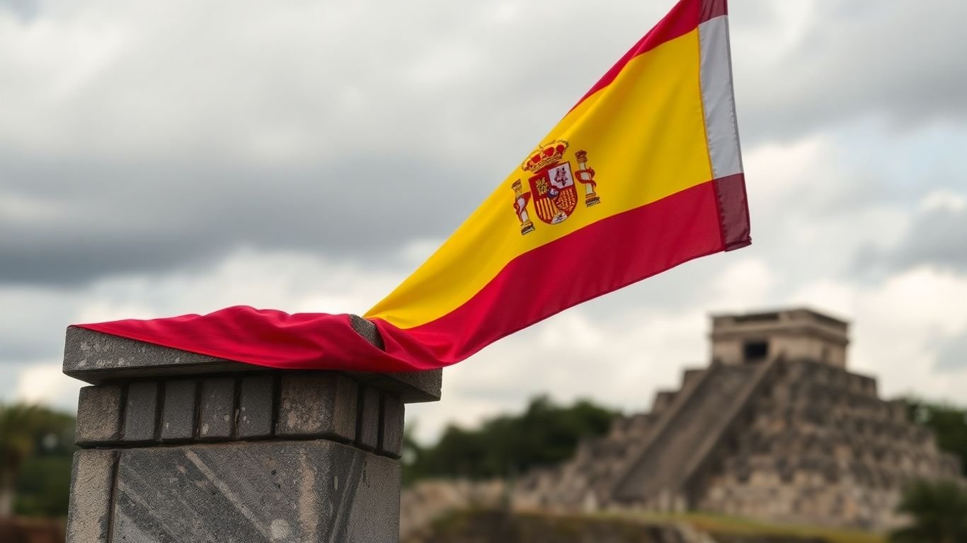 Spanish flag over Aztec ruins, historical reflection.