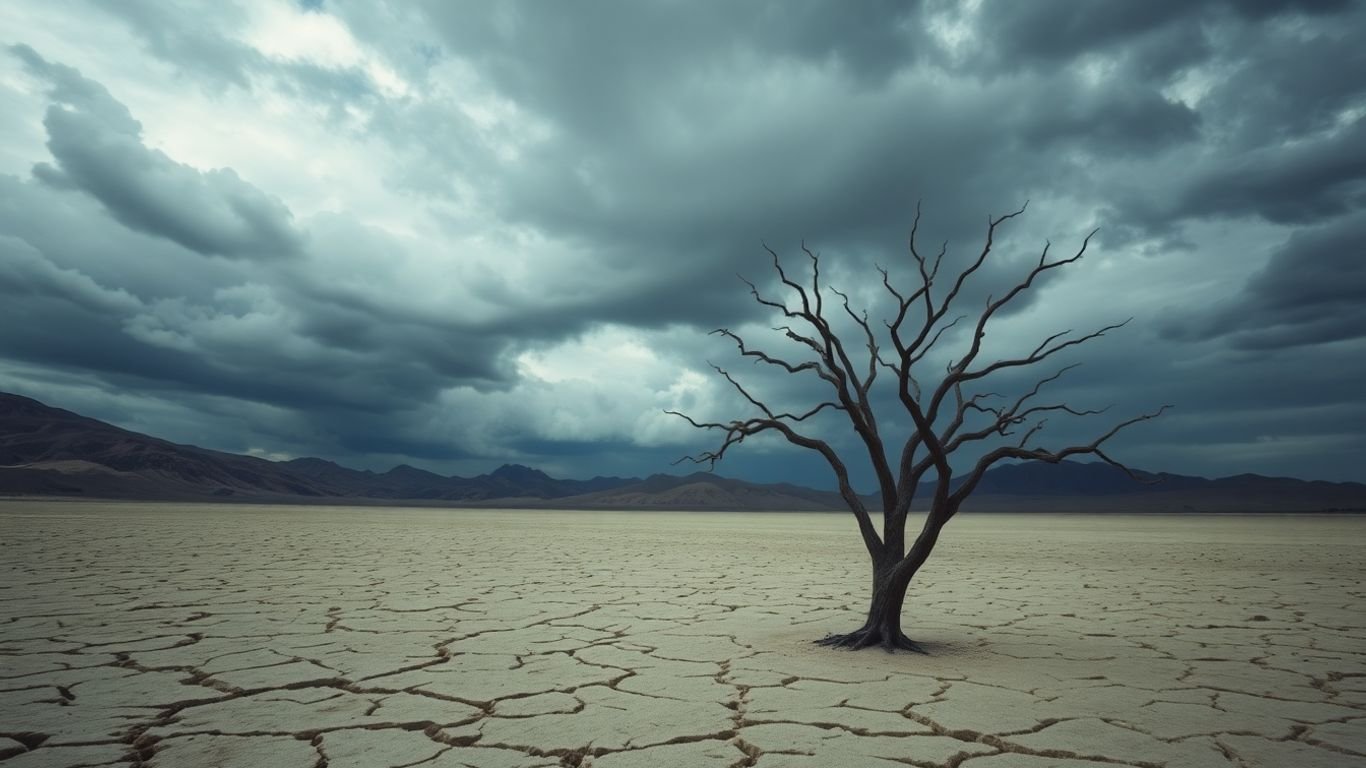 Withered tree in cracked desert under stormy sky.