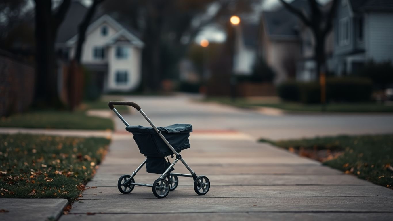 Empty baby stroller on a sidewalk, conveying tragedy.