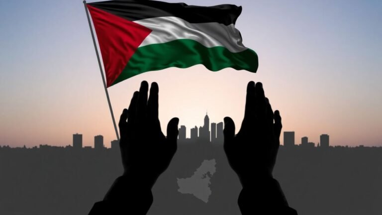 Palestinian flag over Gaza cityscape, hands planning.