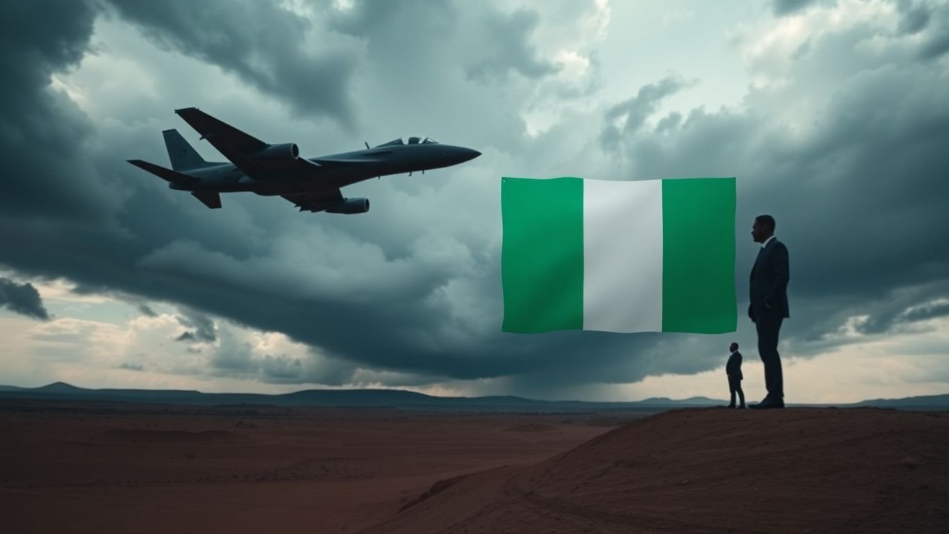 Military aircraft flies over desert, political figure silhouette.