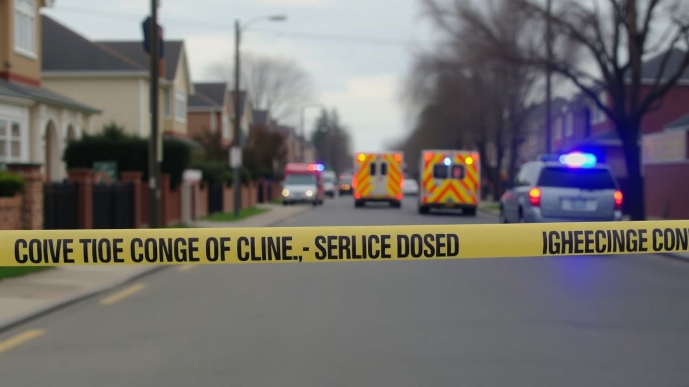 Police cordon tape on a quiet street after a tragic incident.
