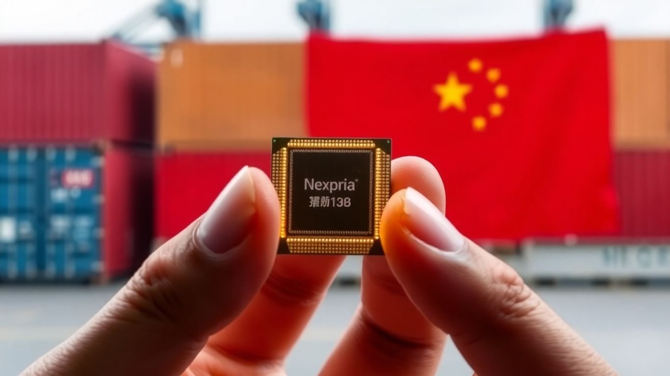 Nexperia chip and shipping containers with Chinese flag.