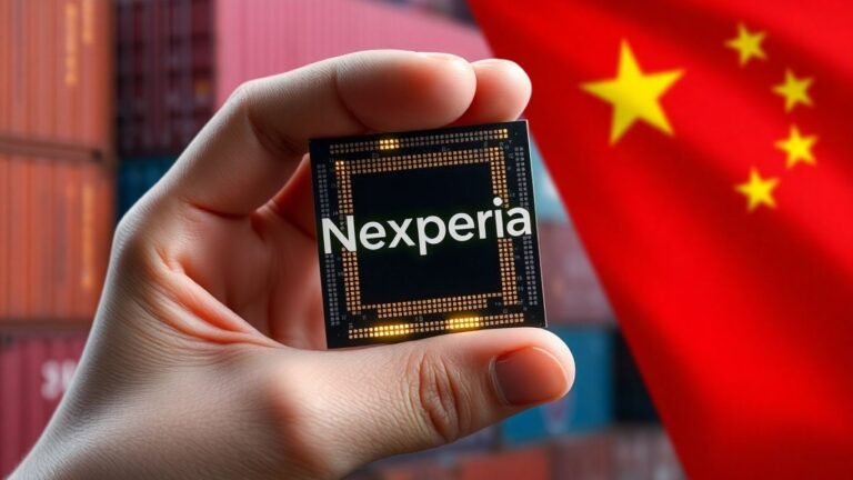 Nexperia chip and shipping containers with Chinese flag.