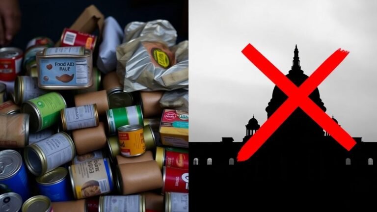 Food aid next to a blocked government building.