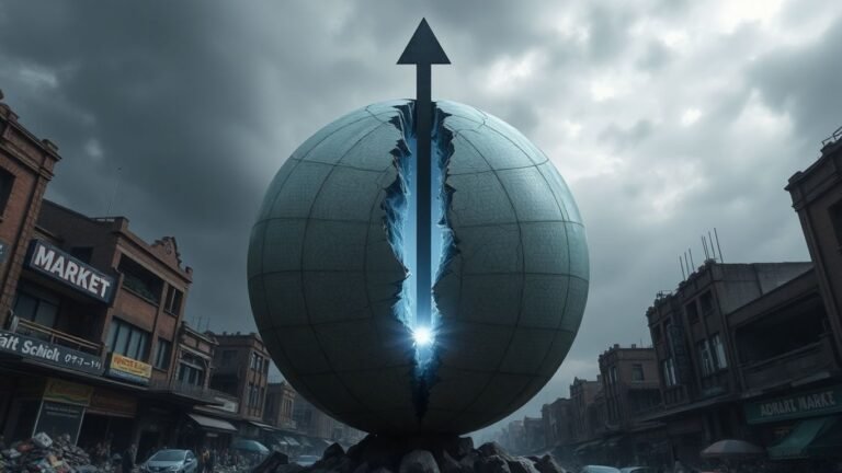 Cracked globe with downward arrow and crumbling buildings.