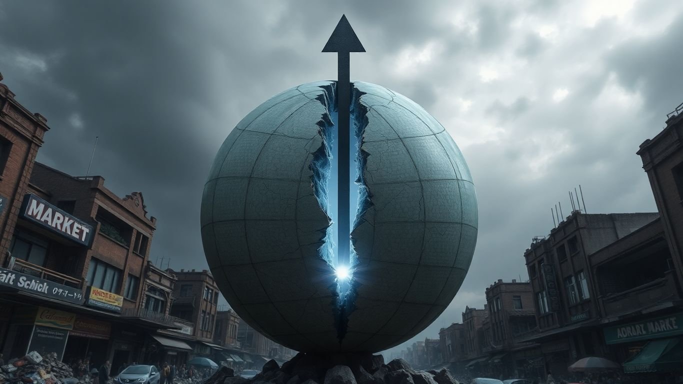 Cracked globe with downward arrow and crumbling buildings.