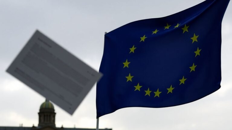 EU flag and official document with government building.