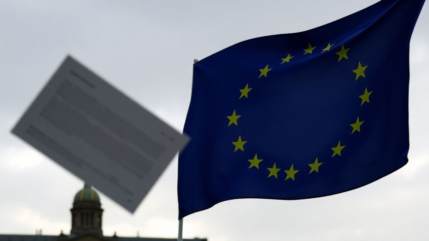 EU flag and official document with government building.