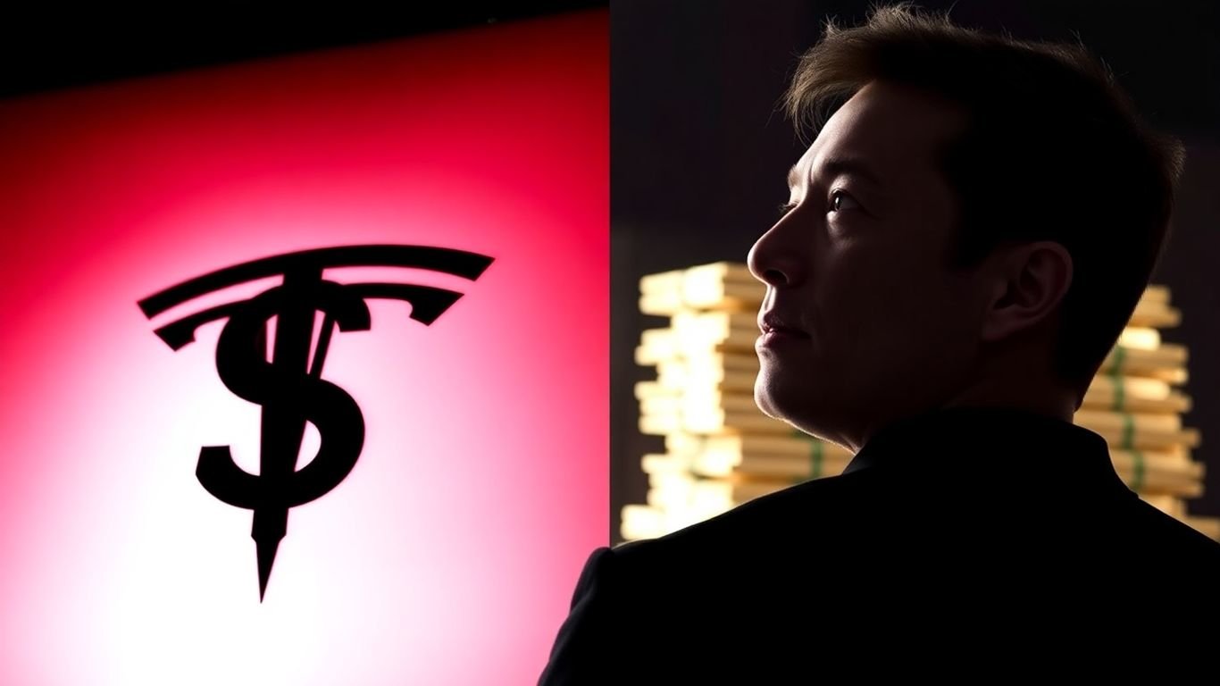 Tesla logo and Elon Musk with money.