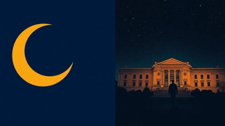 Crescent moon and star beside a figure leaving a building.