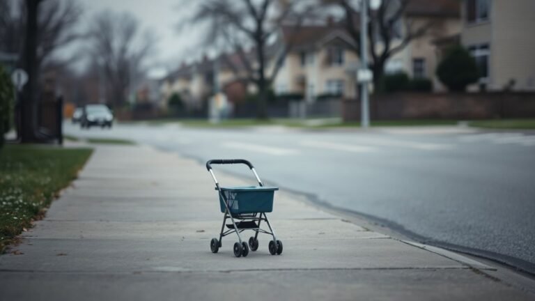 Empty baby stroller on a sidewalk, conveying tragedy.