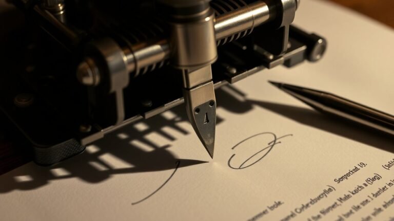 Vintage autopen machine poised to sign a document.