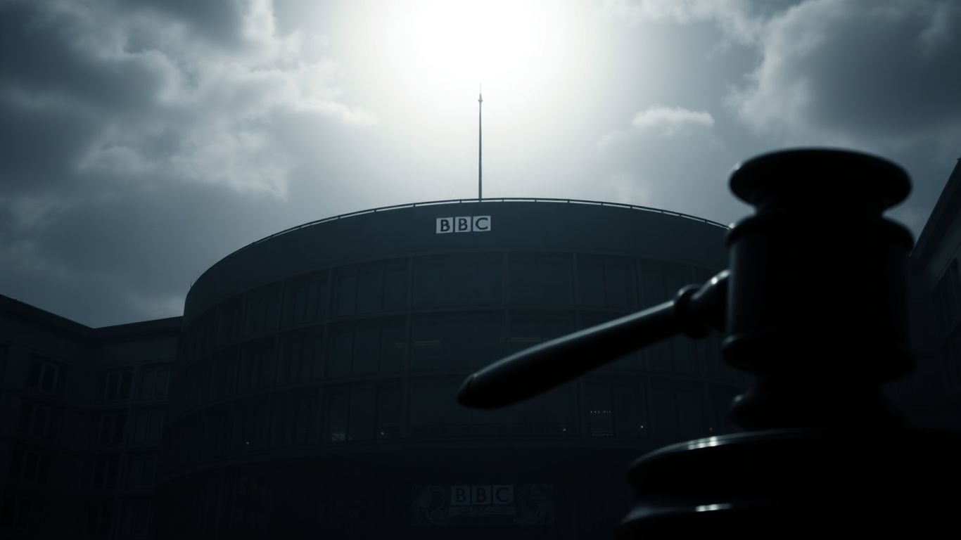 BBC Broadcasting House with a gavel shadow.