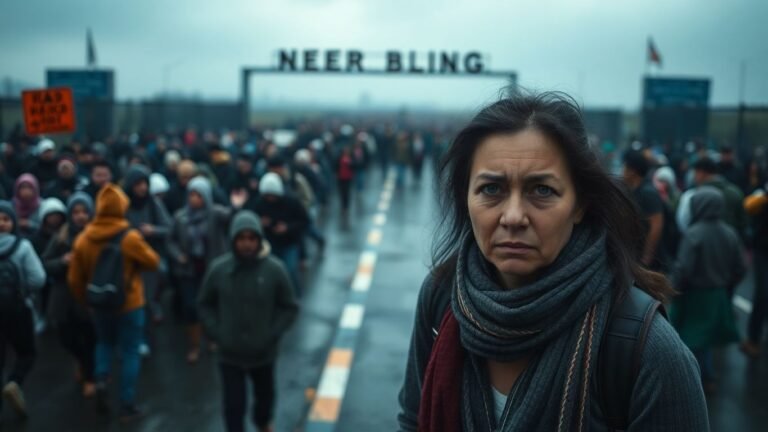 Woman at chaotic border crossing