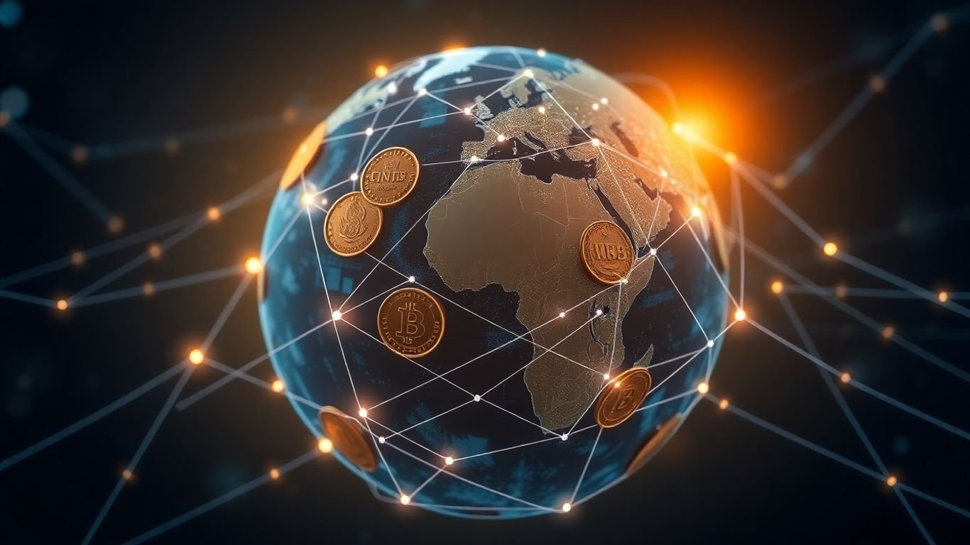BRICS nations' currency symbols forming a global payment network.