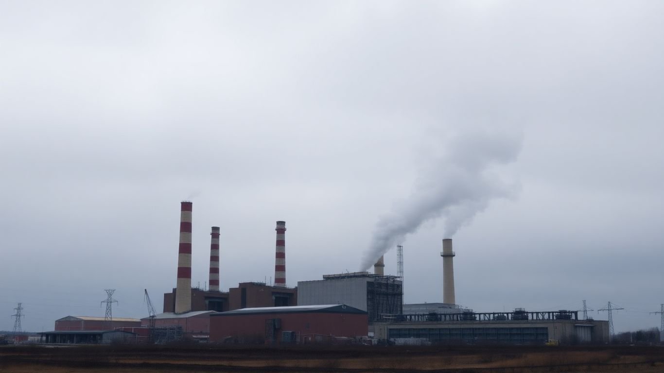 Industrial power plant with smoke stacks against a grey sky.